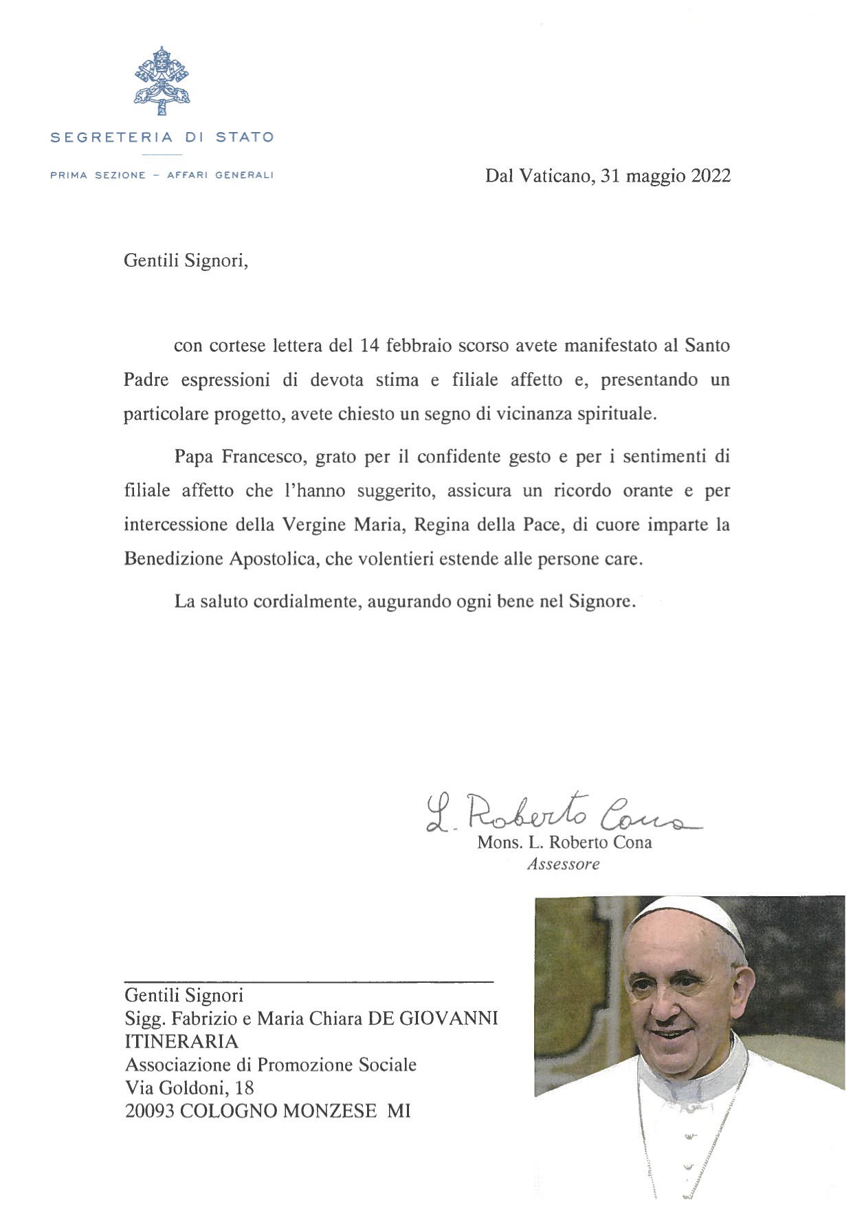 Lettera di Papa Francesco a sostegno dei progetti di Itineraria Teatro