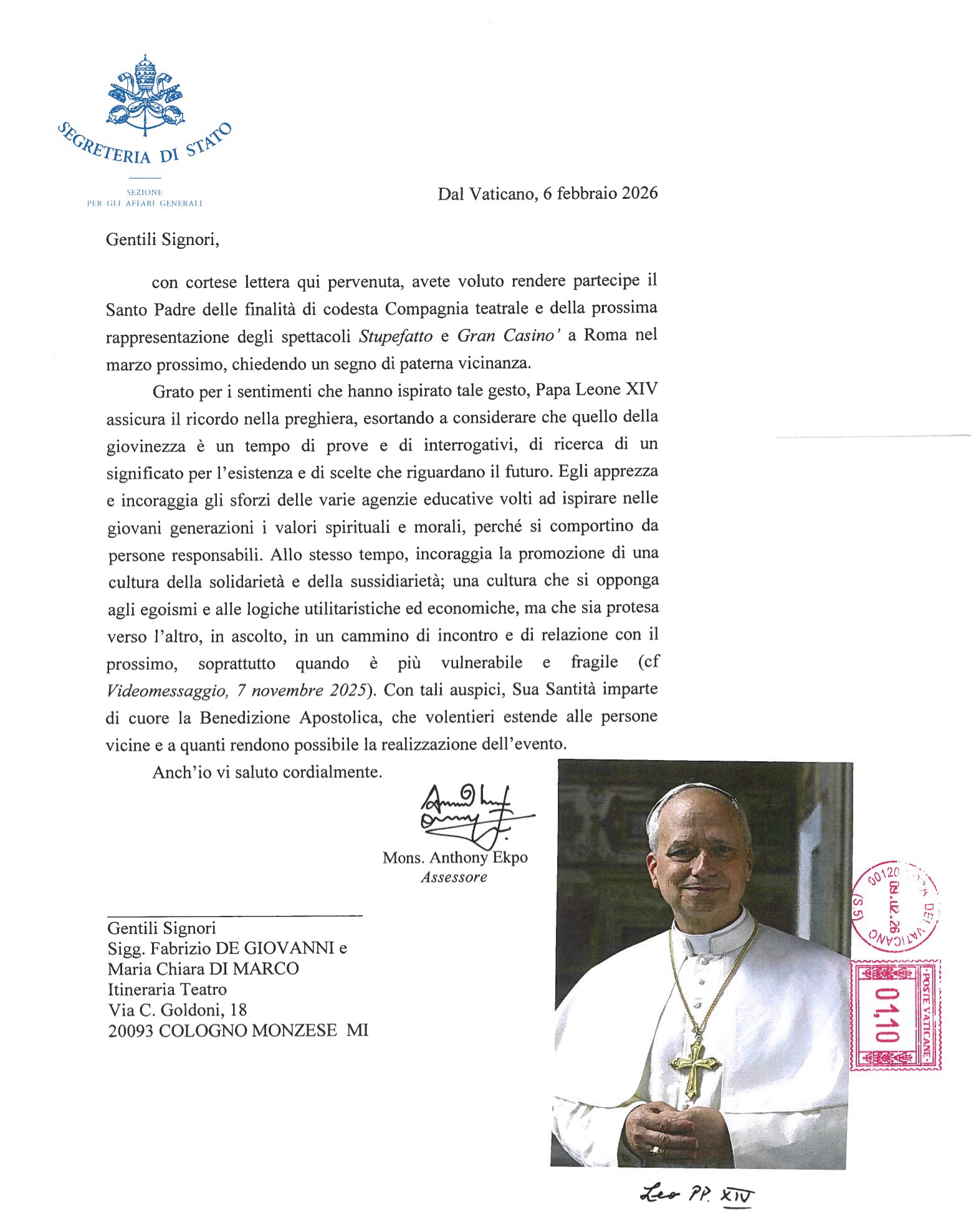 Lettera di Papa Leone XIV a sostegno di STUPEFATTO e GRAN CASINÒ a Roma